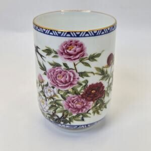 Franklin Porcelain 1985 Japanese Tea Cup Peony Flowers Swallow Bird Gold Trim